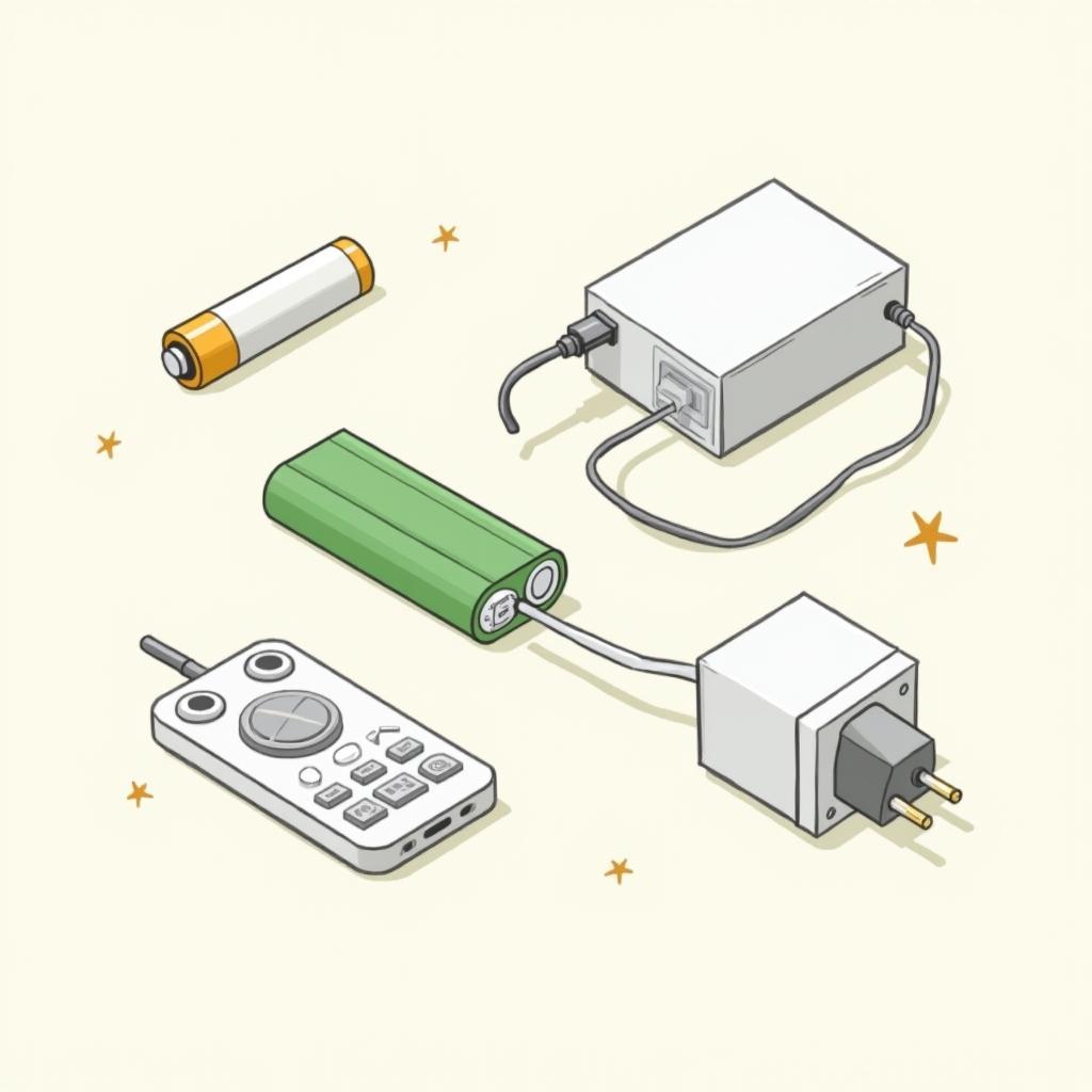 Hình ảnh minh họa các nguồn (pin, adapter) và thiết bị sử dụng dòng điện không đổi (DC) trong cuộc sống hàng ngày, dễ dàng nhận biết.